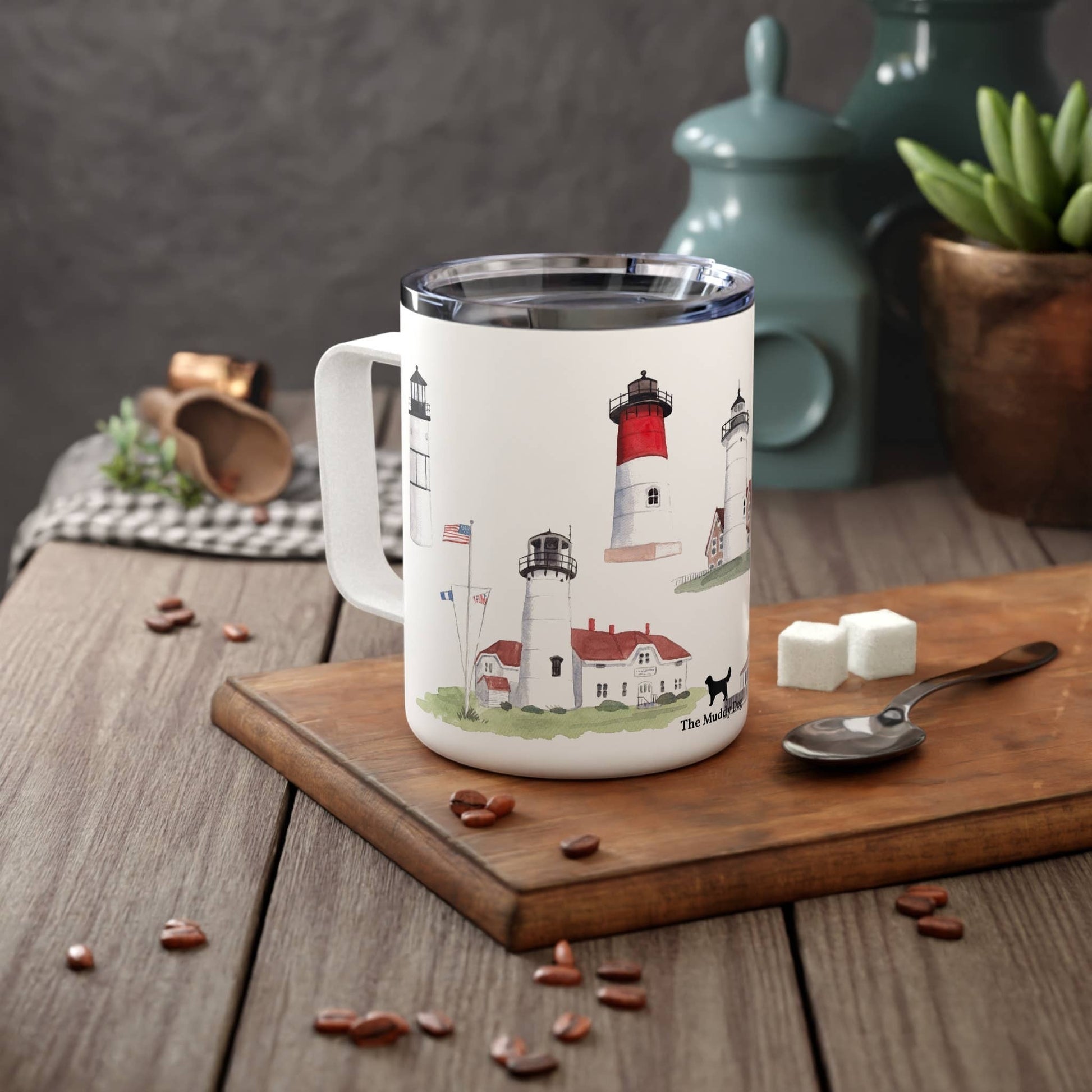 Mellow Monkey 12oz insulated stainless steel mug with Cape Cod lighthouse watercolor art and leak-proof lid.
