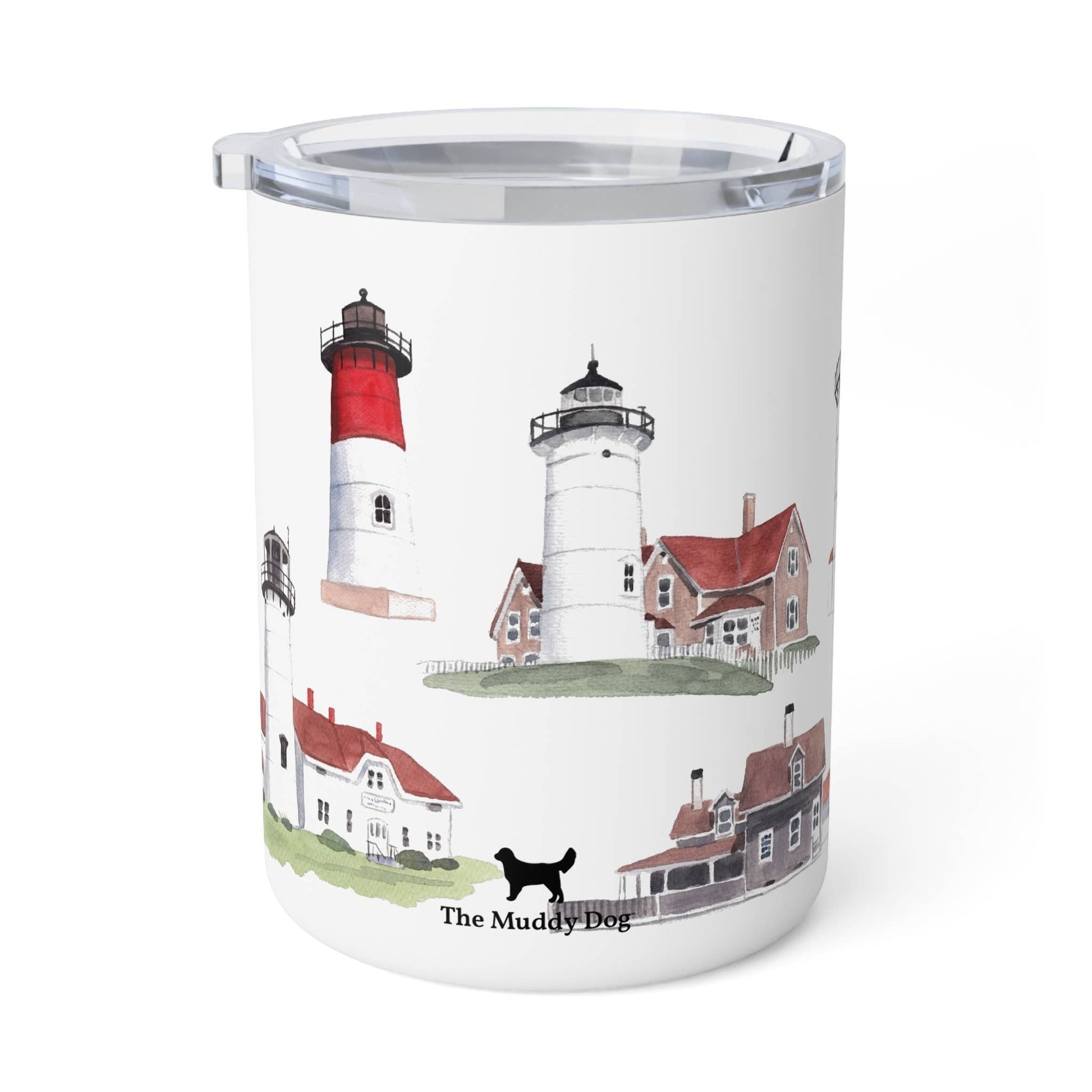 Mellow Monkey 12oz stainless steel insulated mug featuring watercolor Cape Cod lighthouse illustrations and a clear lid.