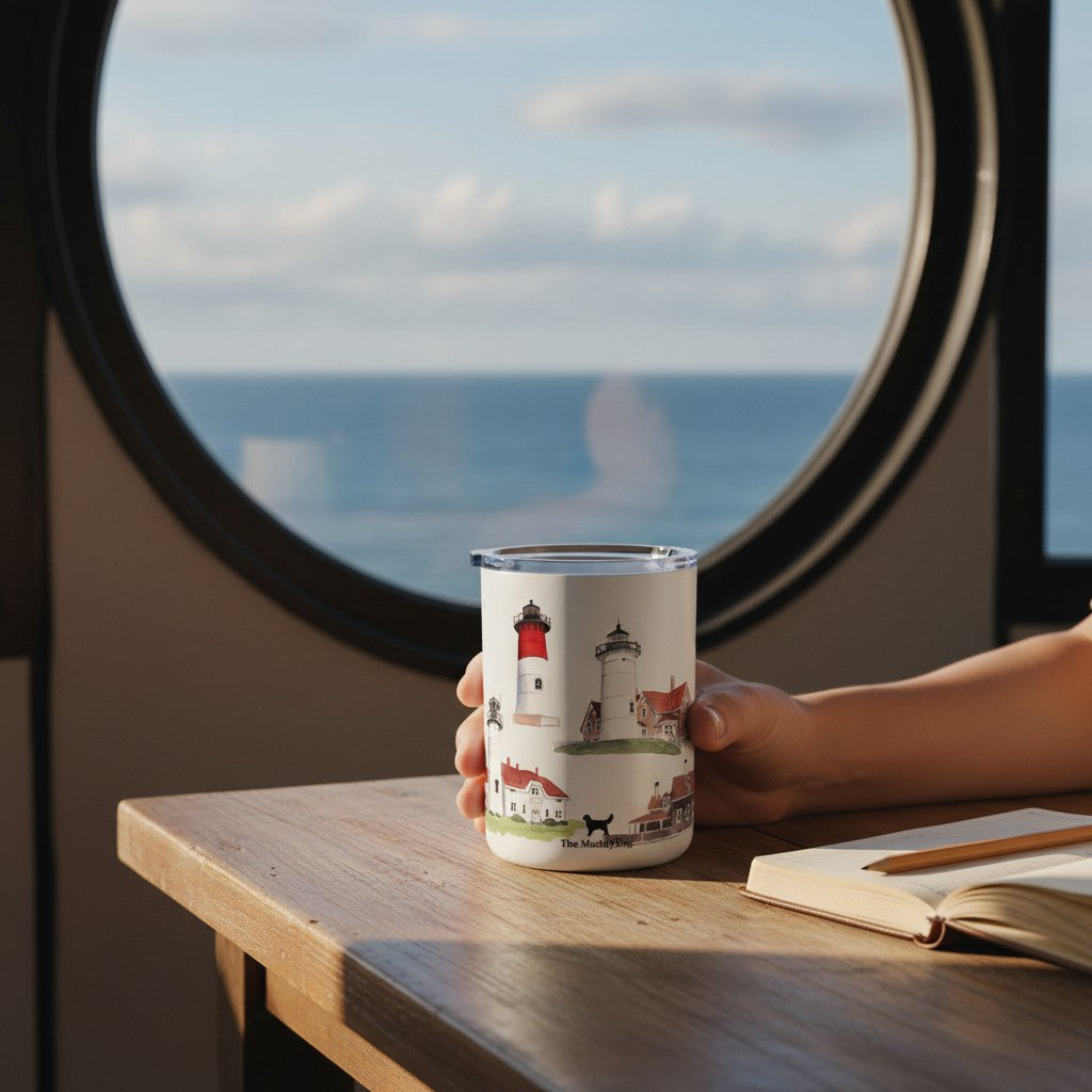 Mellow Monkey 12oz stainless steel insulated mug featuring Cape Cod lighthouse art, held by a hand near a porthole.