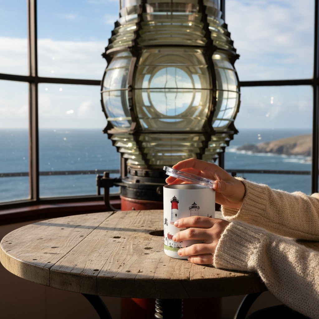 Mellow Monkey 12oz stainless steel insulated mug with Cape Cod lighthouse art, held by hands on a wooden table.