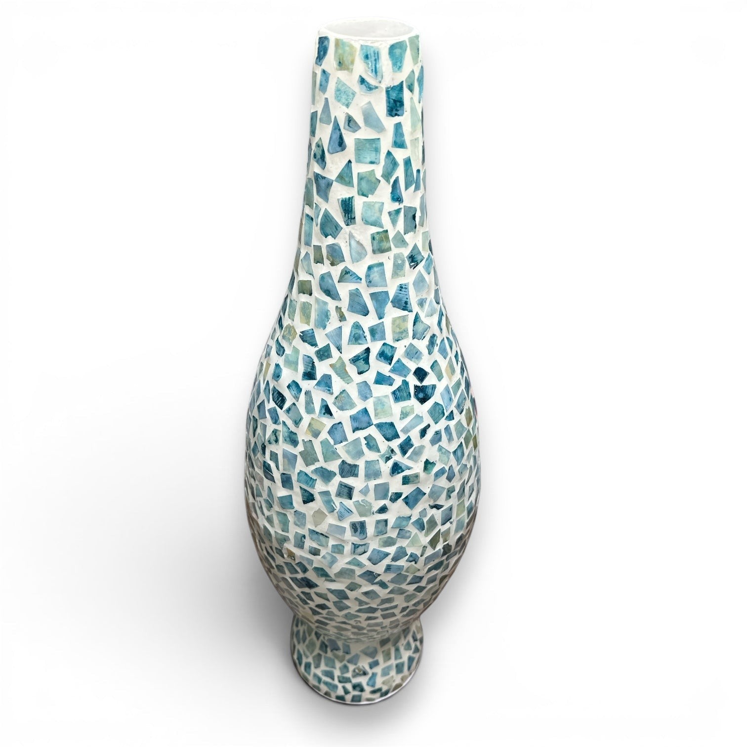 Mellow Monkey 26-inch tall bottleneck vase featuring a mosaic of iridescent blue and white capiz shell tiles.