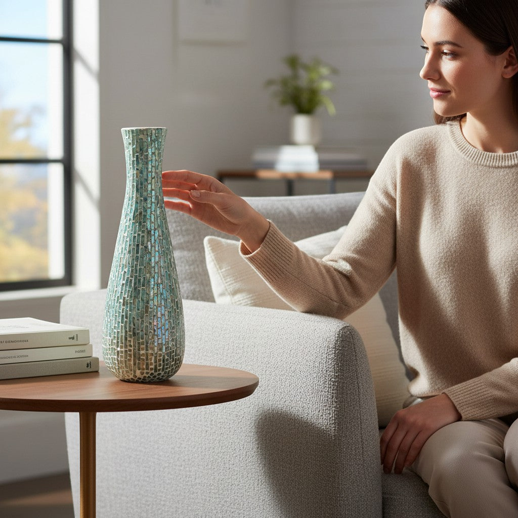 Mellow Monkey 27-inch bottle vase with iridescent capiz shell mosaic finish on a wooden side table next to a woman.