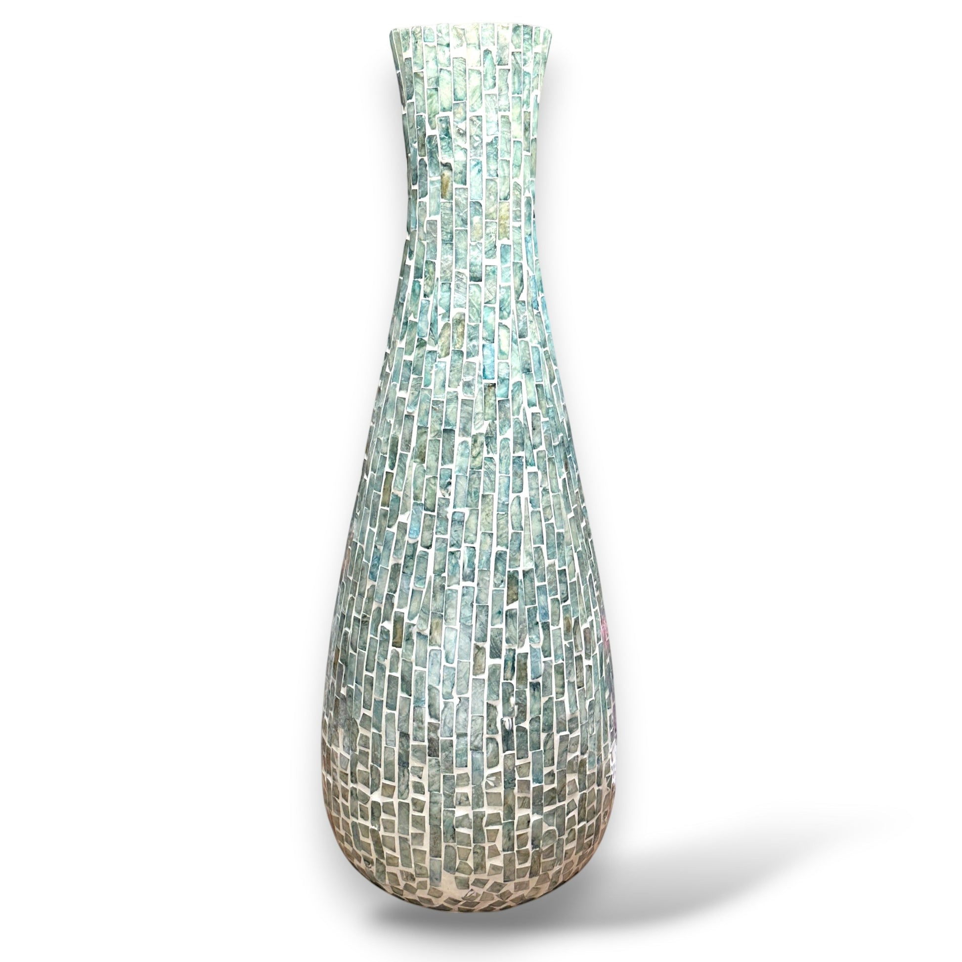 Mellow Monkey 27-inch tall floor vase featuring a hand-inlaid iridescent capiz shell mosaic in a slender bottle shape.