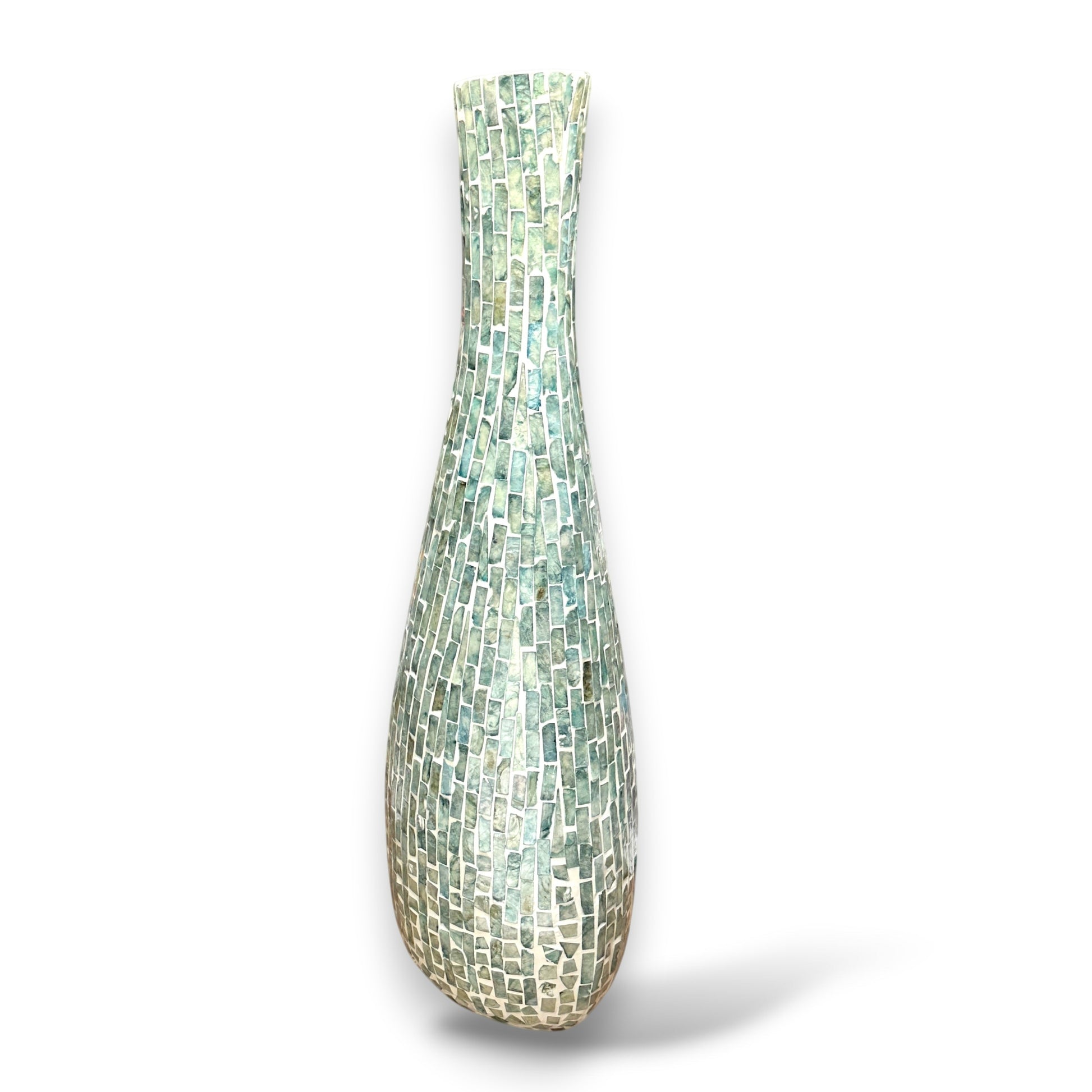 Mellow Monkey 27-inch tall bottle floor vase featuring a shimmering hand-inlaid iridescent capiz shell mosaic finish.