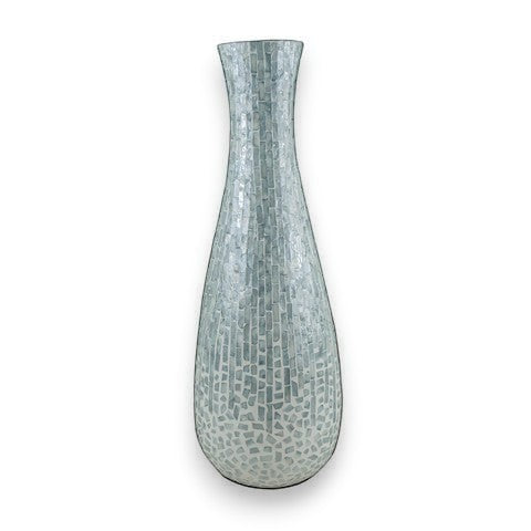 Mellow Monkey 27-inch tall floor vase featuring a slender bottle silhouette with an iridescent capiz shell mosaic.