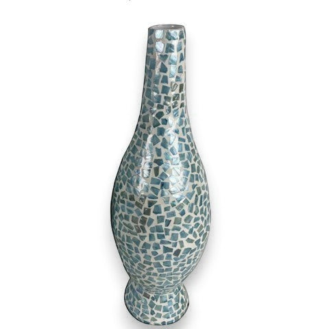 Mellow Monkey 26-inch tall bottleneck vase featuring a shimmering mosaic of iridescent blue and white capiz shells.