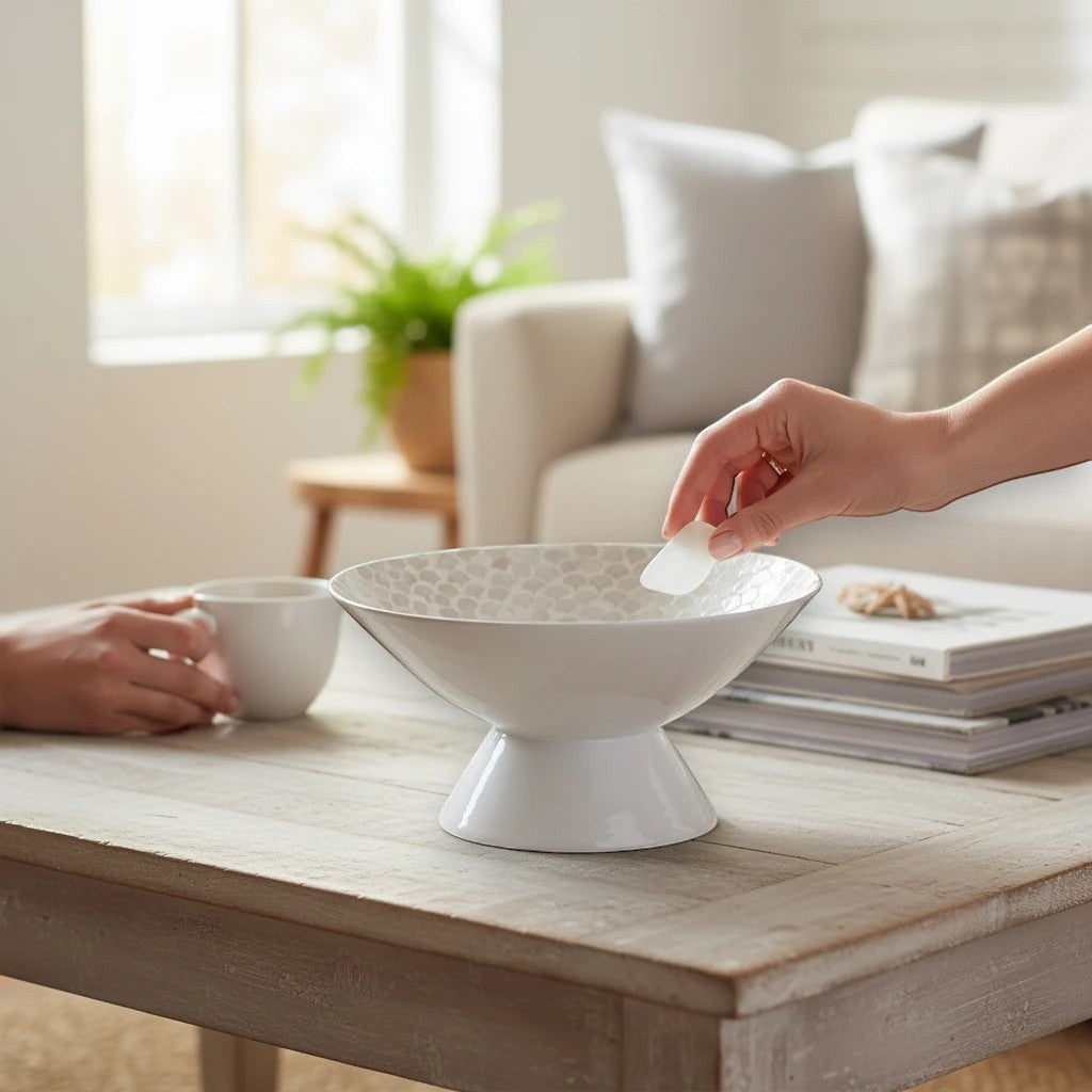 Mellow Monkey 14-inch capiz shell pedestal bowl with a shimmering mosaic finish on a wooden coffee table