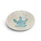 Mellow Monkey 14-inch decorative bowl with shimmering white capiz shell inlay and a blue mosaic sea turtle design.