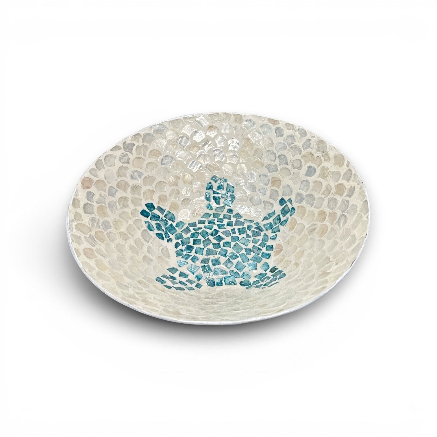 Mellow Monkey 14-inch decorative bowl with shimmering white capiz shell inlay and a blue mosaic sea turtle design.