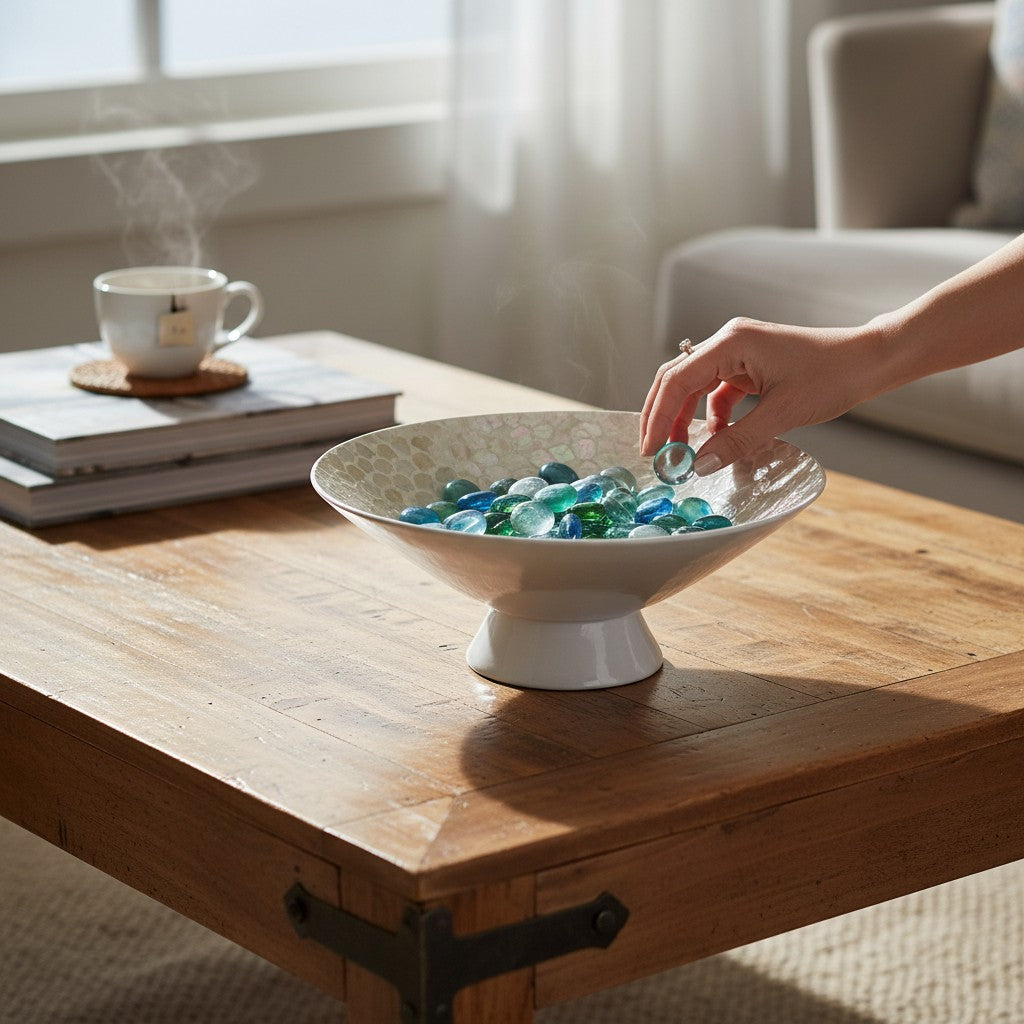 Mellow Monkey 14-inch capiz shell pedestal bowl with blue glass accents on a wooden coffee table