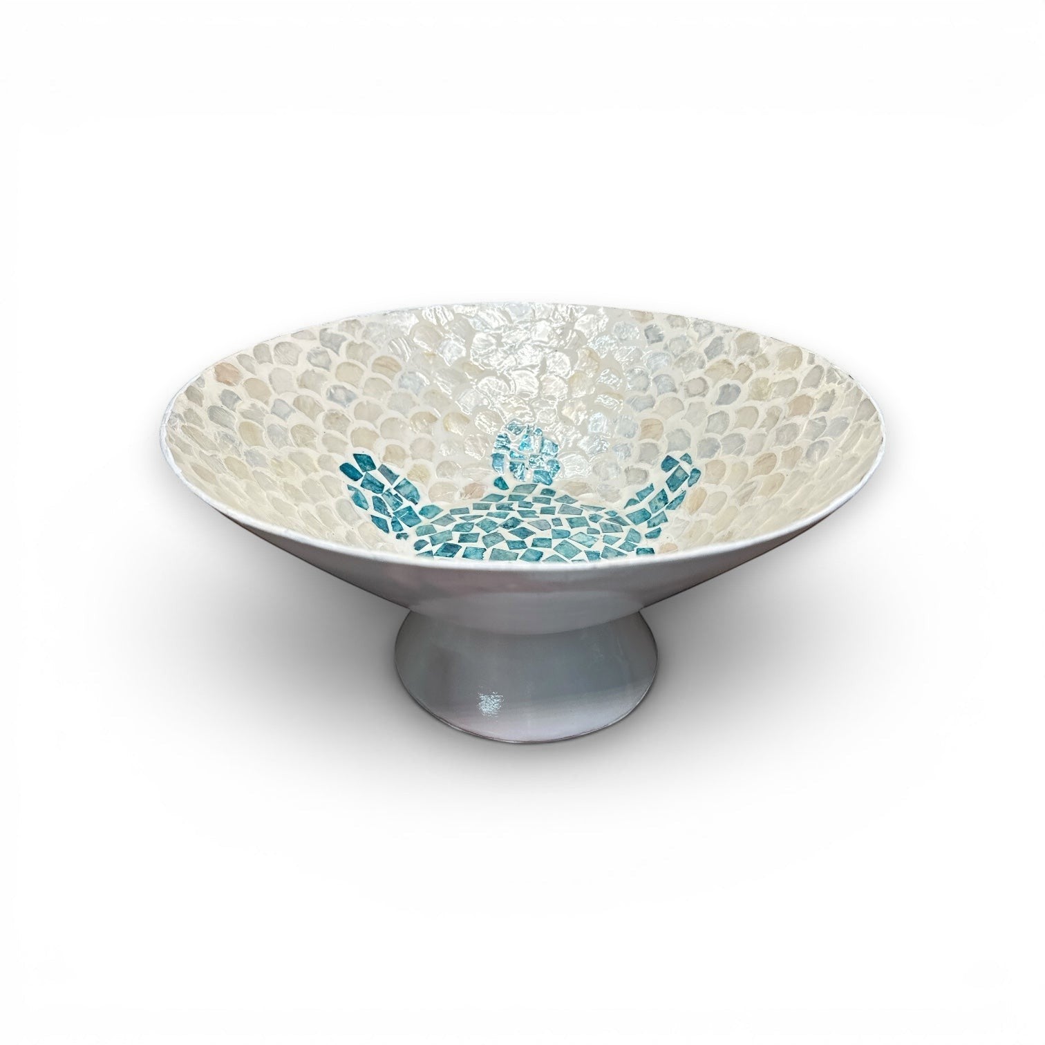 Mellow Monkey 14-inch capiz shell pedestal bowl featuring a shimmering white finish and a blue mosaic starfish center.