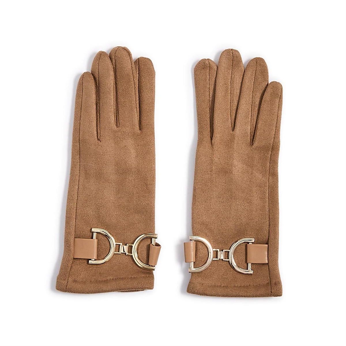 Mellow Monkey Milano caramel microsuede gloves featuring a gold horsebit detail and touchscreen compatible fingers.