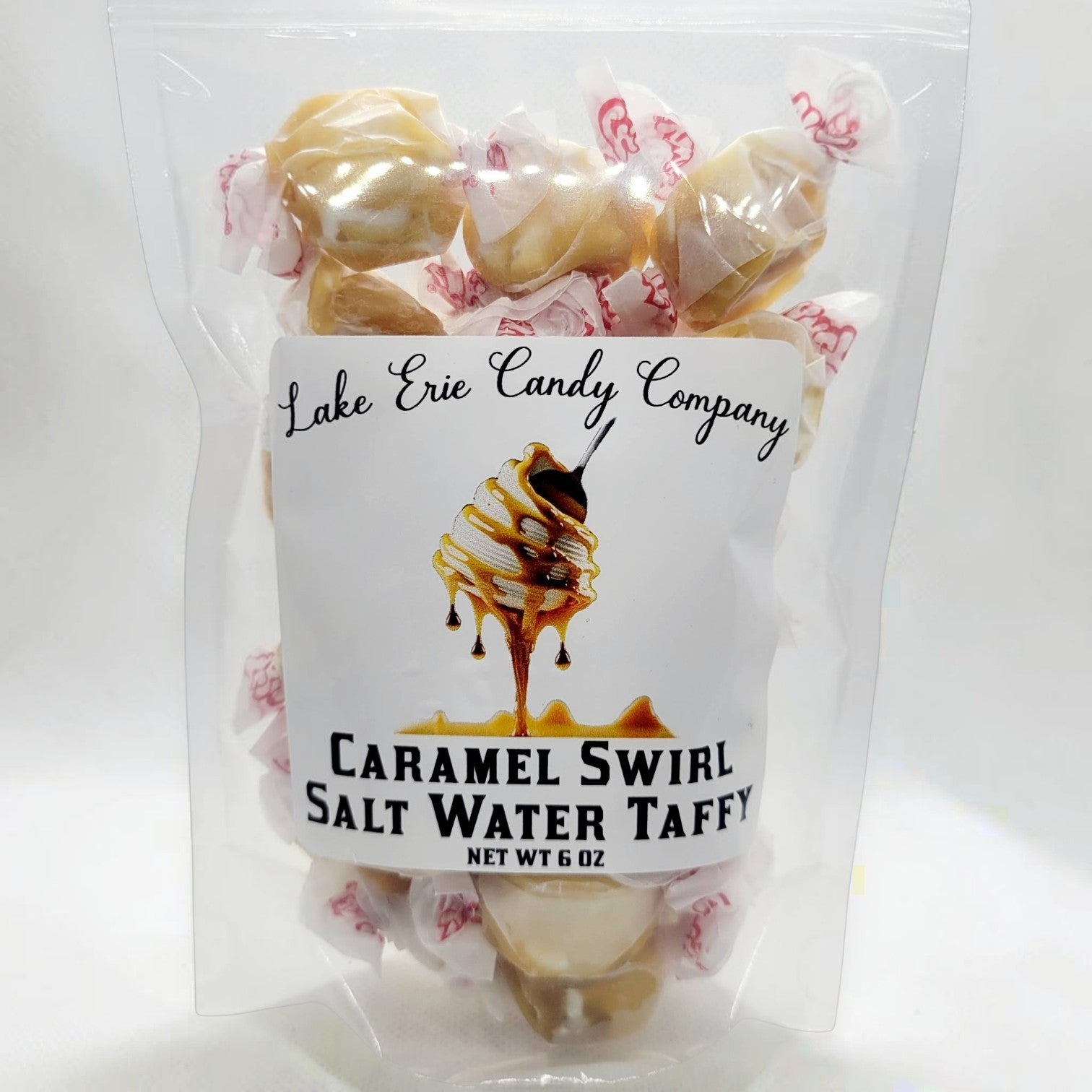 Mellow Monkey Caramel Swirl Salt Water Taffy, individually wrapped chewy candies in a clear bag, 6 oz.