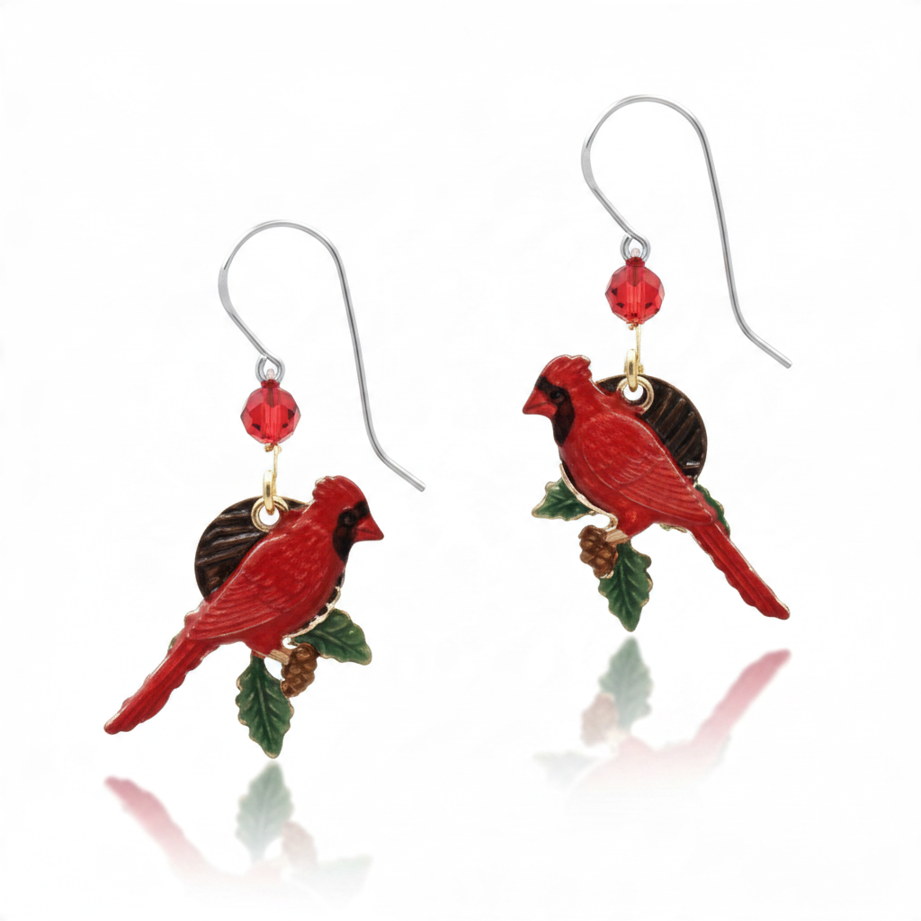 Mellow Monkey Silver Forest cardinal bird earrings with red crystal accents and surgical steel ear wires