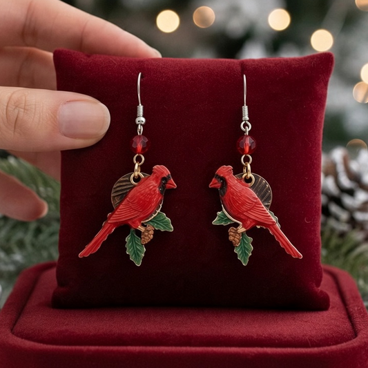 Mellow Monkey handmade cardinal earrings with surgical steel wires, featuring red birds on holly branches.