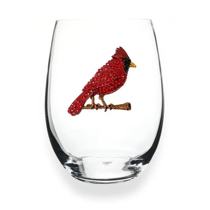 Mellow Monkey stemless wine glass featuring a decorative red cardinal bird embellished with sparkling red crystals