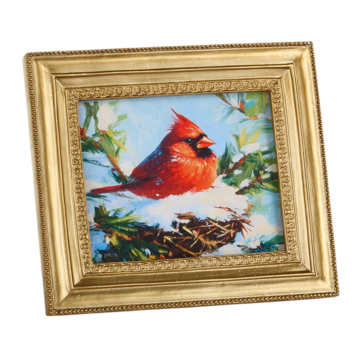 Mellow Monkey Nested Memory mini framed wall art featuring a vibrant red cardinal perched in a snowy pine tree.