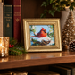 Mellow Monkey Nested Memory mini framed wall art featuring a cardinal in snow, set in an ornate gold resin frame.