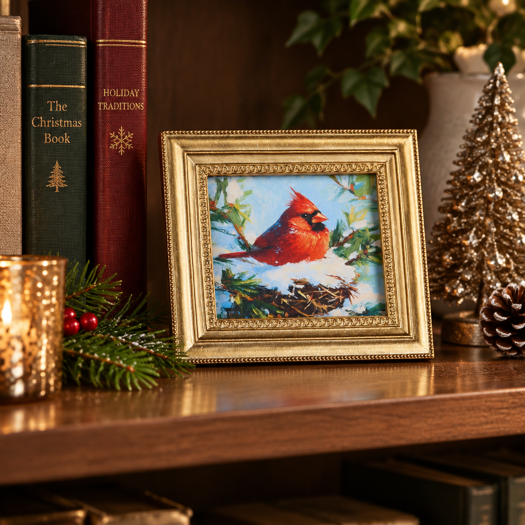 Mellow Monkey Nested Memory mini framed wall art featuring a cardinal in snow, set in an ornate gold resin frame.
