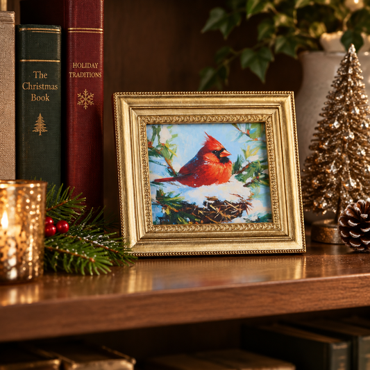 Mellow Monkey Nested Memory mini framed wall art featuring a cardinal in snow, set in an ornate gold resin frame.
