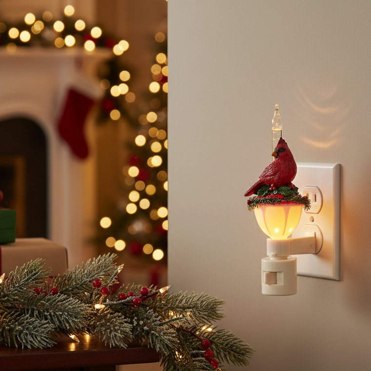 Mellow Monkey cardinal night light plugged into a wall with a festive holiday living room background