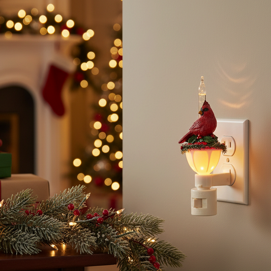 Mellow Monkey cardinal night light plugged into a wall with a festive holiday living room background