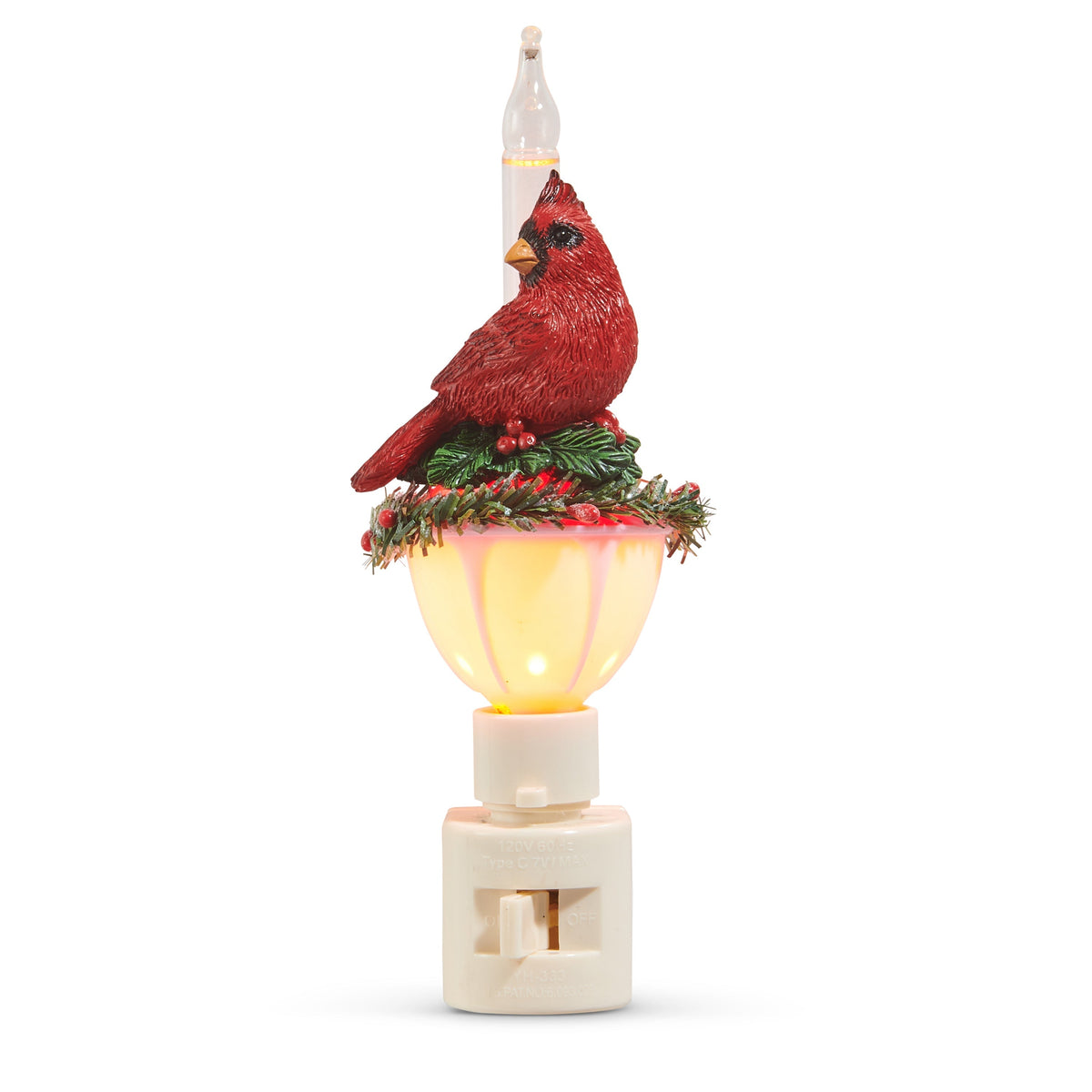 Mellow Monkey cardinal night light featuring a red bird on a festive wreath with soft ambient illumination