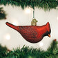Mellow Monkey Northern Cardinal blown glass holiday ornament with glitter accents, 4.25 inches.