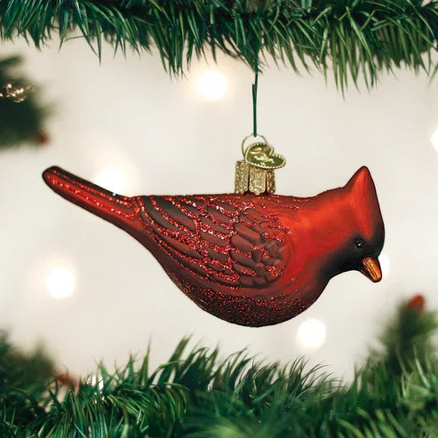 Mellow Monkey Northern Cardinal blown glass holiday ornament with glitter accents, 4.25 inches.