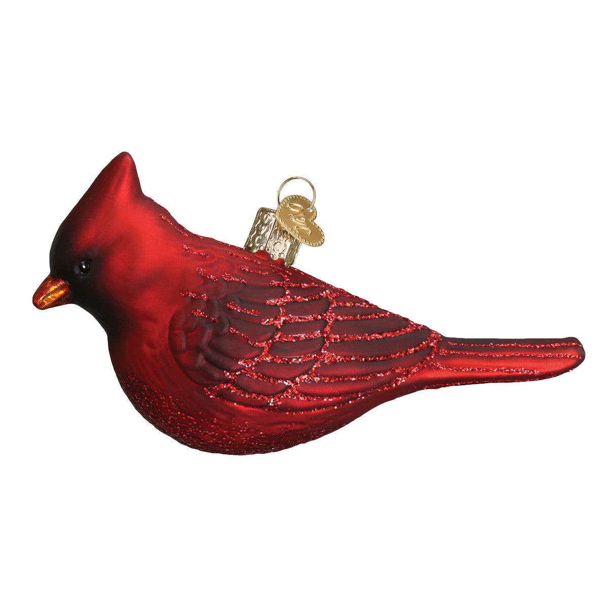 Mellow Monkey Northern Cardinal blown glass holiday ornament, 4-1/4-in, with glitter accents.