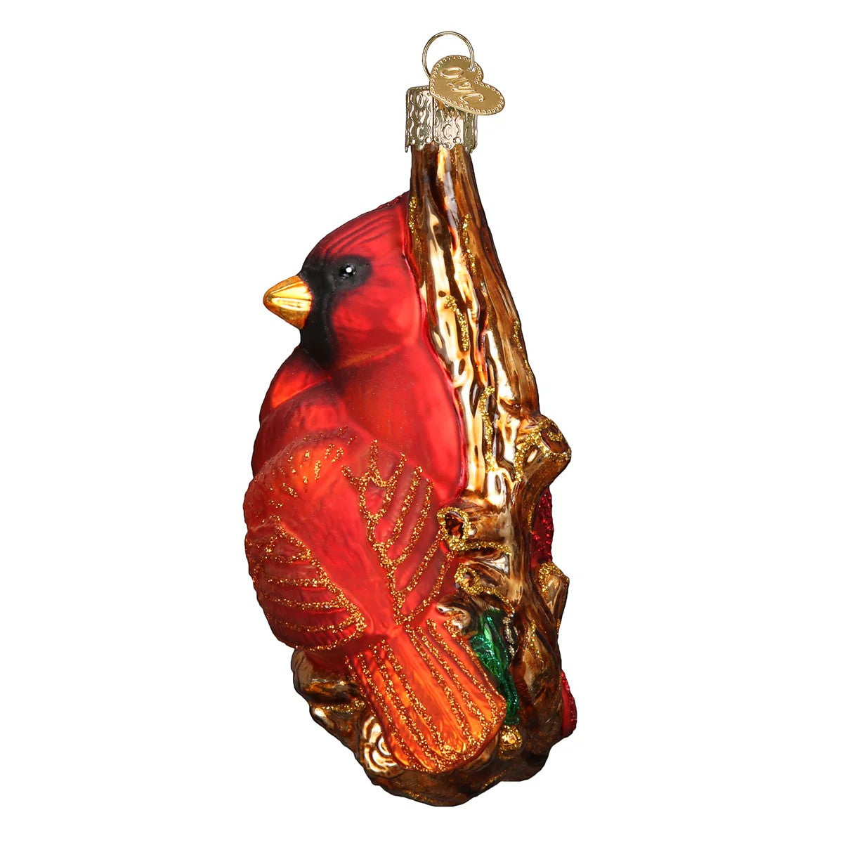 Mellow Monkey Pair of Cardinals Old World Christmas blown glass ornament, 4.5-in. Red cardinal perched on a golden-brown branch with glitter accents.