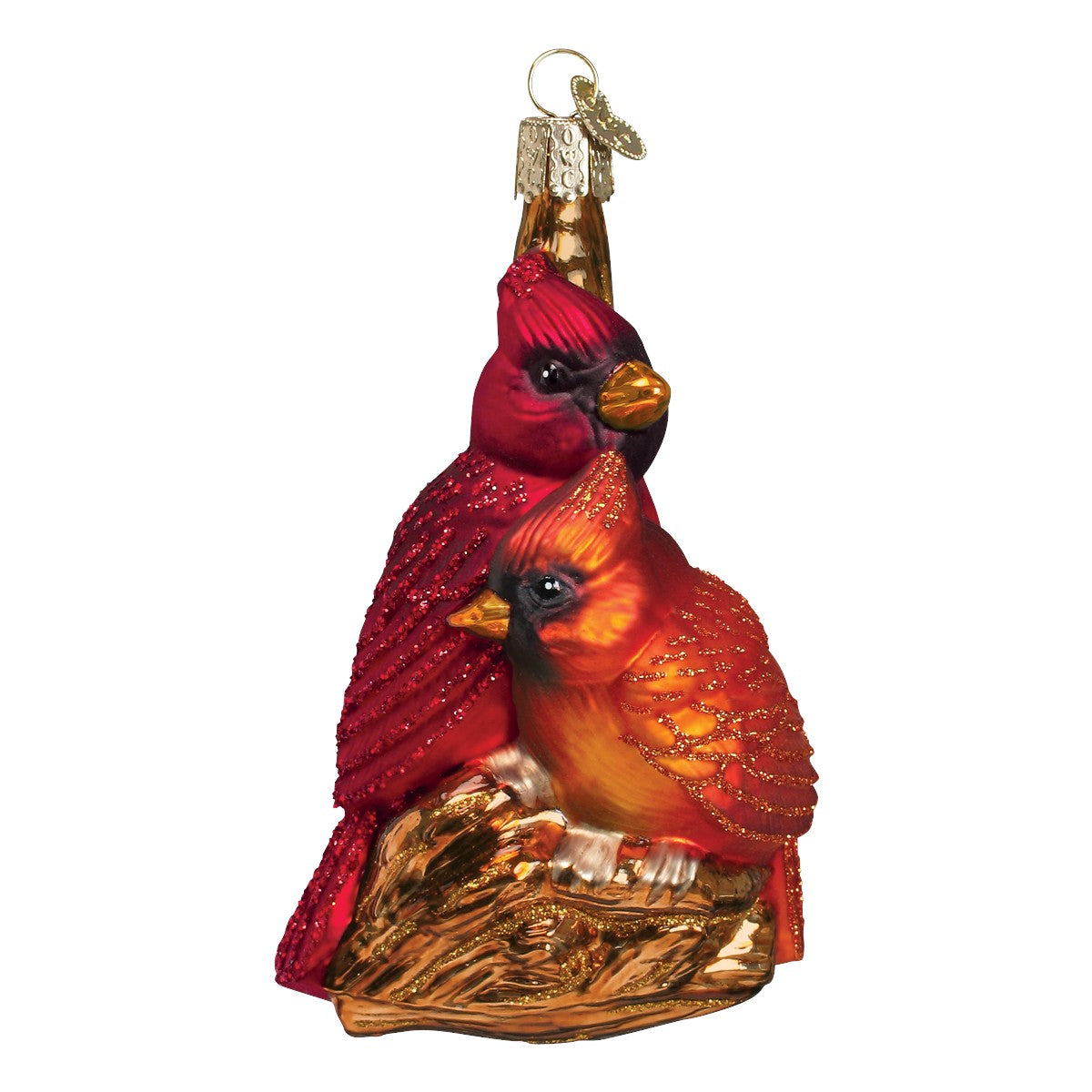 Mellow Monkey Pair of Cardinals Old World Christmas blown glass ornament, 4.5-in. Red and orange birds with glitter accents on a gold branch.