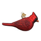 Mellow Monkey Northern Cardinal blown glass holiday ornament with red glitter accents, 4.25 inches.
