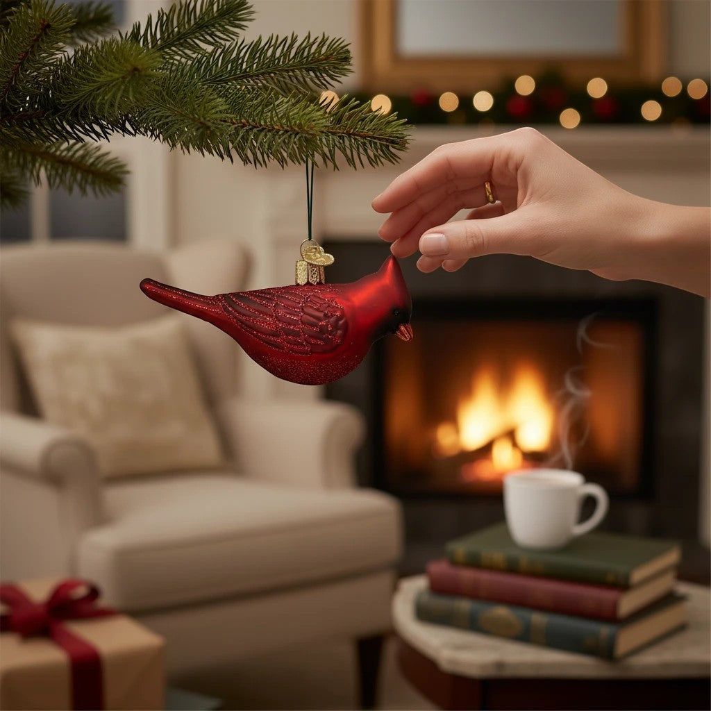 Mellow Monkey Northern Cardinal blown glass holiday ornament, 4-1/4-in, with glittery red finish and intricate feather details.
