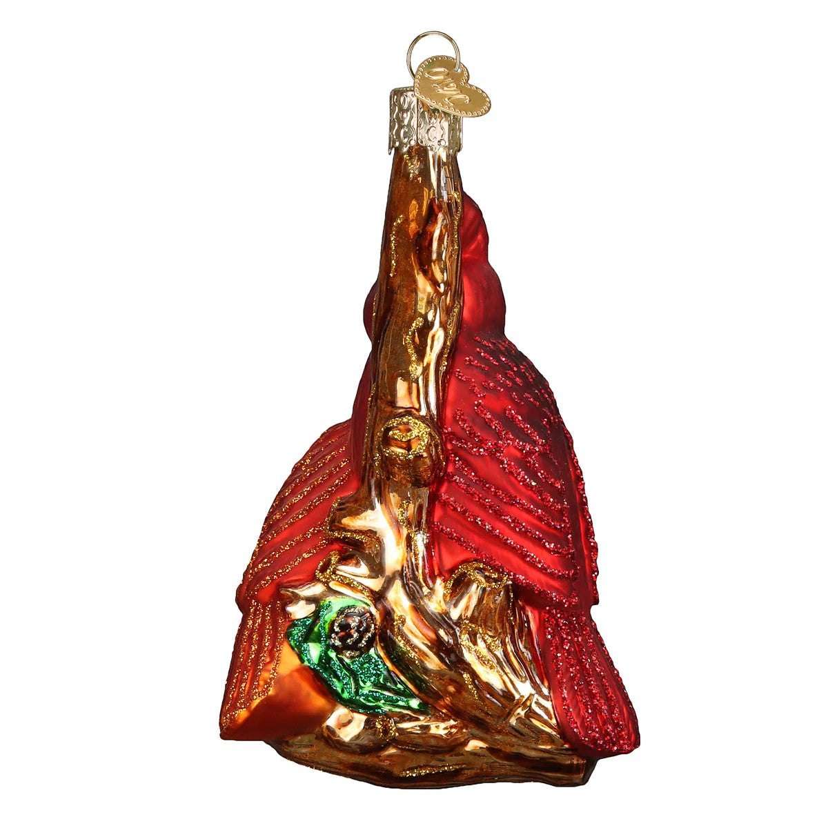 Mellow Monkey Pair of Cardinals Old World Christmas blown glass ornament, red with gold glitter accents, 4.5-in.