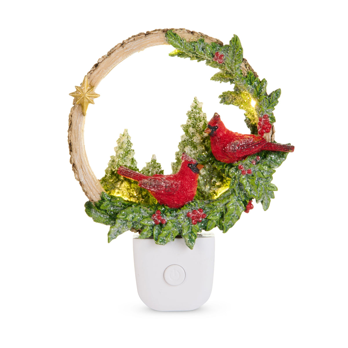 Mellow Monkey Woodland Noel Cardinals LED night light featuring two red birds in a snowy resin wreath with pine trees.