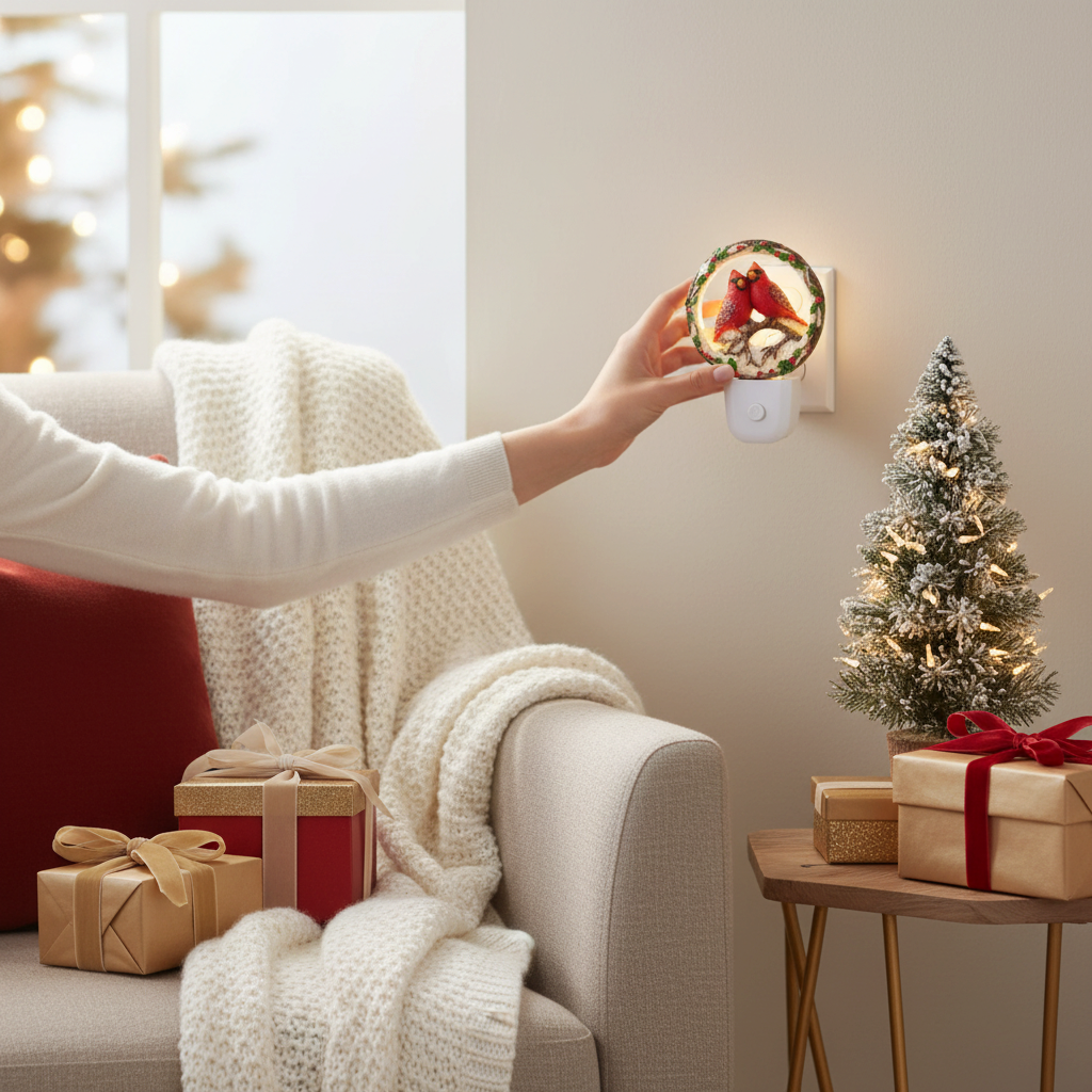 Mellow Monkey resin cardinal night light plugged into a wall, creating a cozy holiday atmosphere in a living room.