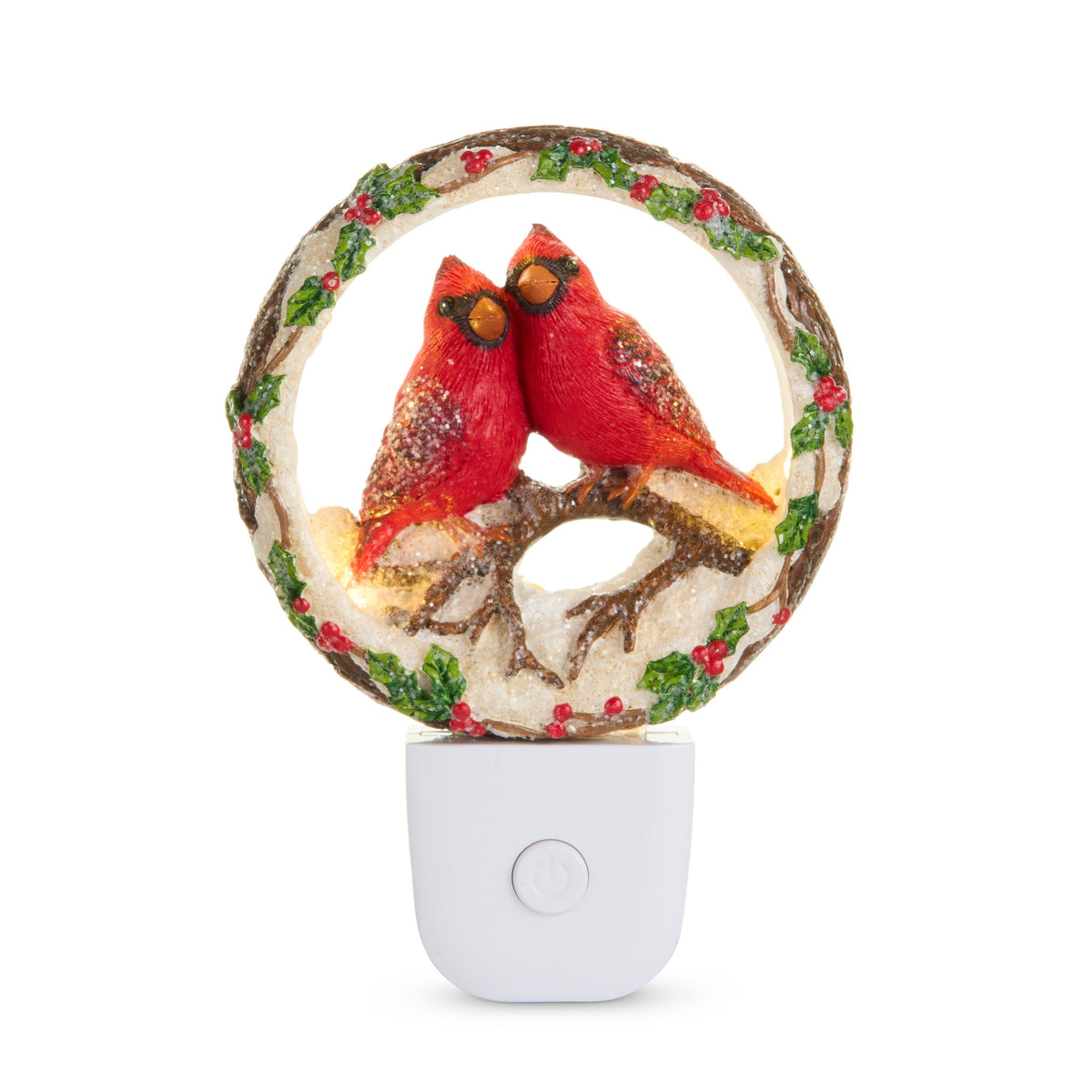 Mellow Monkey resin cardinal night light featuring two red birds in a festive holly wreath with soft LED glow