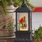 Mellow Monkey lighted snow globe lantern featuring a red cardinal on a snowy branch with swirling glitter