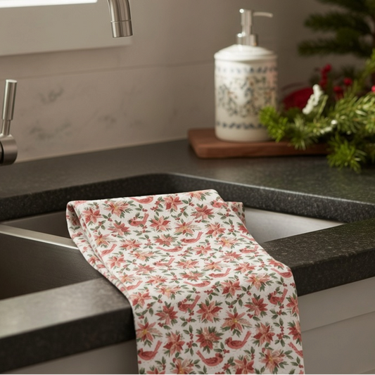 Mellow Monkey waffle dish towel with cardinal and poinsettia print draped over a modern kitchen sink