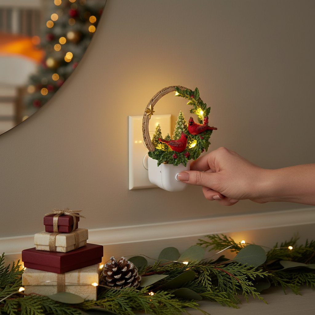 Mellow Monkey Woodland Noel Cardinals LED night light featuring a festive wreath design plugged into a wall outlet.