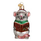 Mellow Monkey Grey Caroling Mouse blown glass holiday ornament with a green scarf and a carol book.
