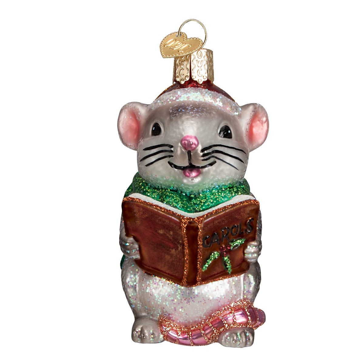 Mellow Monkey Grey Caroling Mouse blown glass holiday ornament with a green scarf and a carol book.