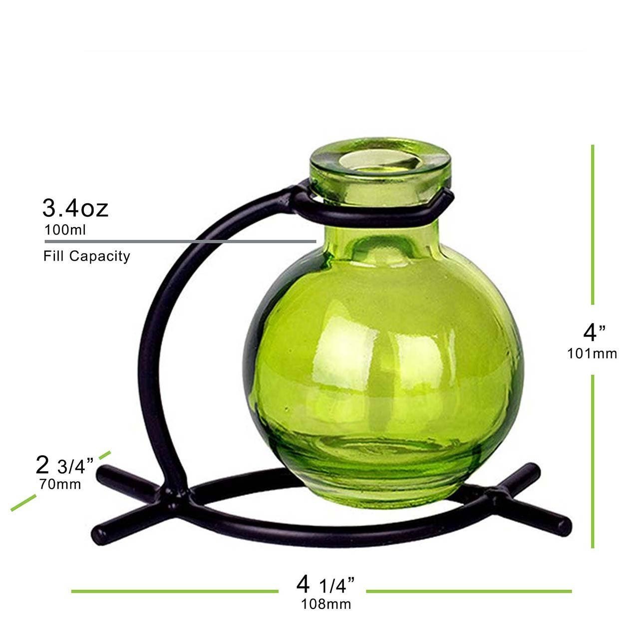Mellow Monkey Casablanca lime green recycled glass mini vase suspended in a black metal stand with dimensions.