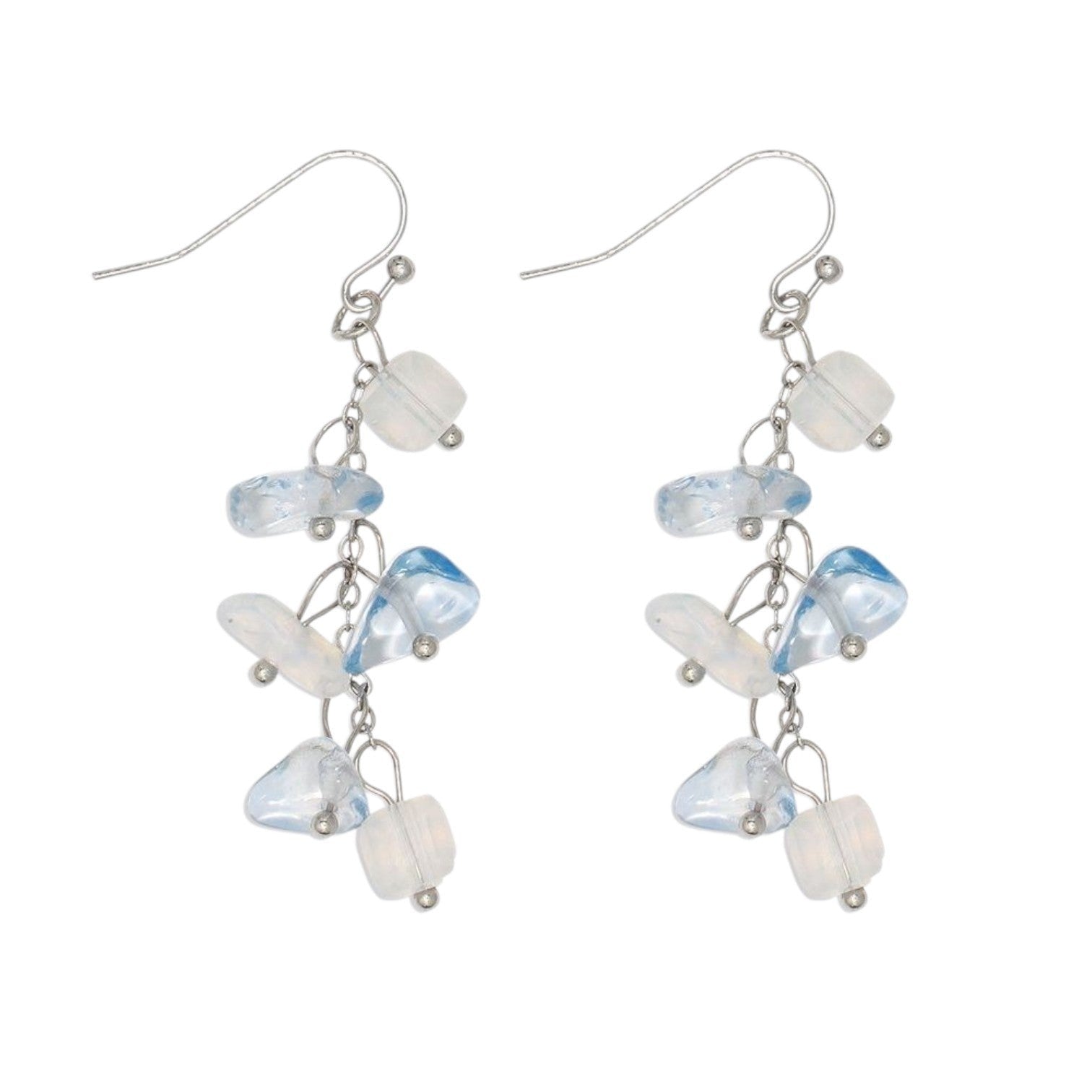 Mellow Monkey cascading sea glass drop earrings in shades of blue and white on silver-tone hooks
