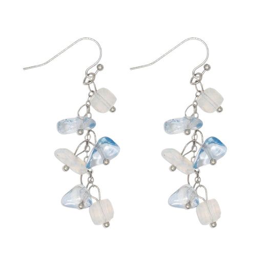 Mellow Monkey cascading sea glass drop earrings in shades of blue and white on silver-tone hooks