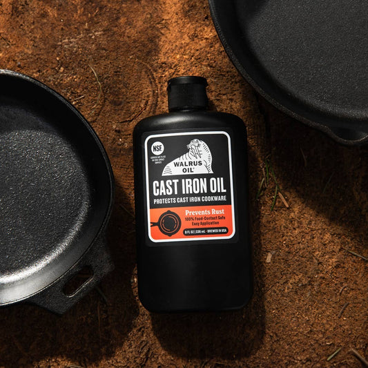 Mellow Monkey Walrus Oil Cast Iron Oil 8-oz bottle protects cast iron cookware from rust. NSF certified.