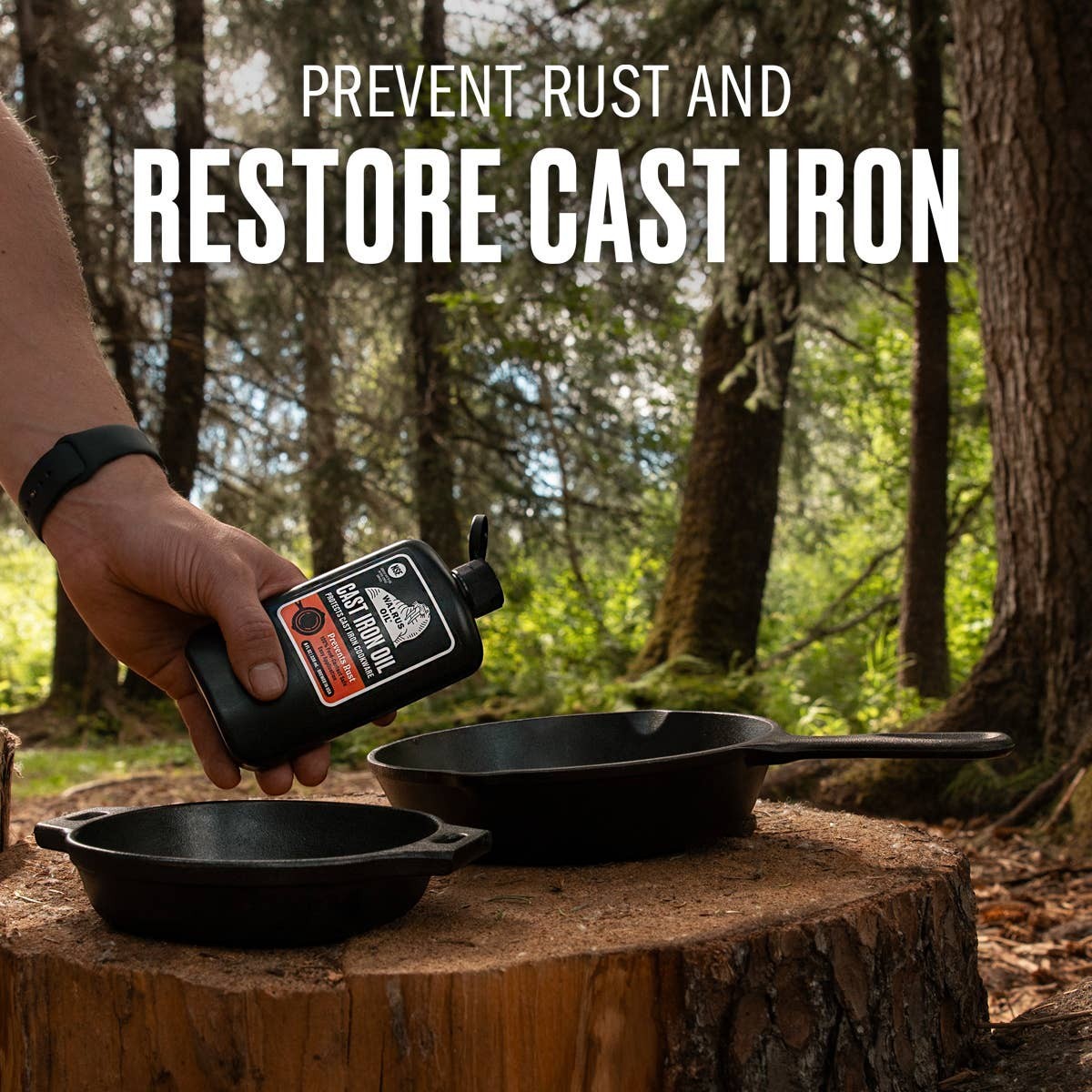 Mellow Monkey Cast Iron Oil 8-oz bottle being held over cast iron pans on a tree stump in a forest setting.