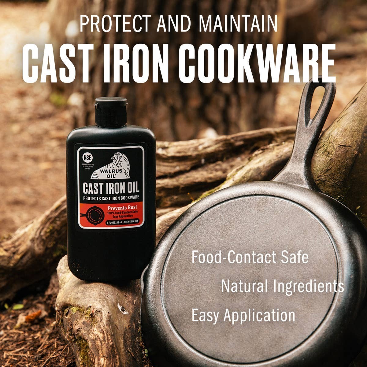 Mellow Monkey Walrus Oil Cast Iron Oil 8-oz bottle protects cast iron cookware from rust. Natural ingredients, food-contact safe.