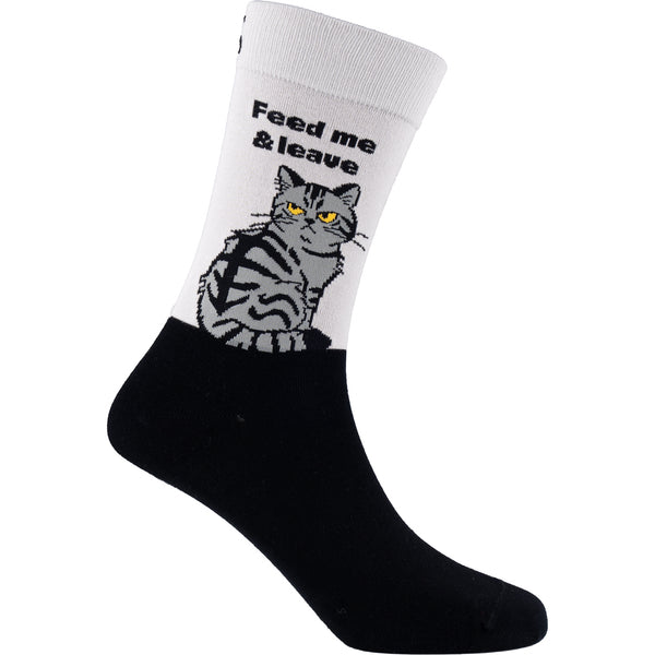 Mellow Monkey bamboo knit socks featuring a grumpy grey tabby cat and the text Feed me and leave in black and grey.